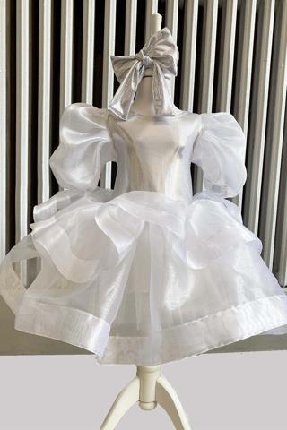 Shecco Babba Kız Çocuk Beyaz Organze Abiye Elbise, Parti Elbisesi, Doğum Günü Abiye Elbise, Bandana 9 Yaş Beyaz