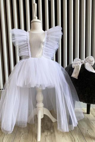 Shecco Babba Kız Çocuk Beyaz Tüllü Abiye Elbise, Parti Elbisesi, Doğum Günü Abiye Elbise, Bandana 2 Yaş Beyaz