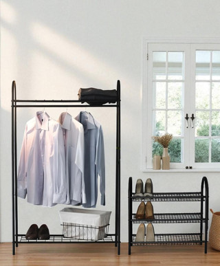 DEKORATİF 2’Lİ SET SİYAH METAL 2 RAFLI ELBİSE ASKILIĞI VE 3 RAFLI AYAKKABILIK 2 ÜRÜN BİR ARADA