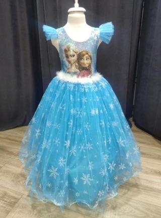 Elsa Kız Çocuk Abiye - Kendinden Tarlatanlı Çocuk Kostüm - Elsa Kostüm - Frozen Kostüm