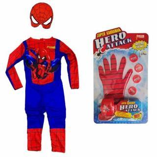 Kırmızı Mavi Baskılı Spiderman Kostümü - Örümcek Adam Kostümü + Spiderman Taso Atan Eldiven