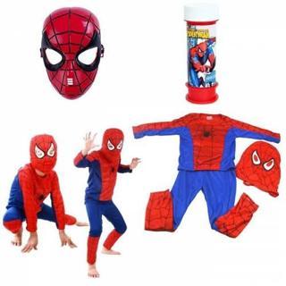 Spiderman Kostüm - Örümcek Adam Kostümü - Pvc Maske + Bez Maske + Baloncuk Köpük - Alt -Üstlü Model