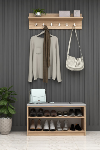 Asra Trend MDF Puflu Ayakkabılık ve Askılık – 90 cm Portmanto Seti, Modern, 2 Raflı, A-34