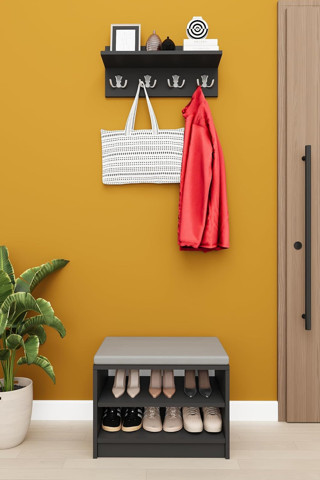 Asra Trend MDF Puflu Ayakkabılık ve Askılık – 60 cm Portmanto Seti, Modern, 2 Raflı, A-33