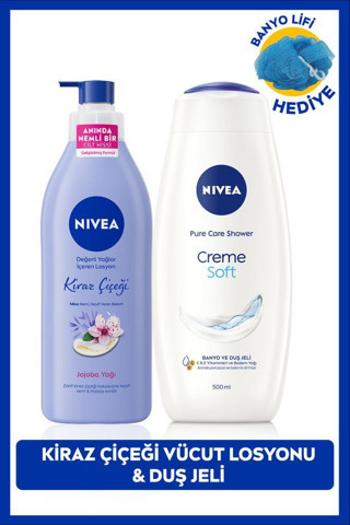 Nivea Creme Soft Duş Jeli 500ml ve Kiraz Çiçeği Nemlendirici Vücut Bakım Losyonu 400ml, Banyo Lifi Hediye