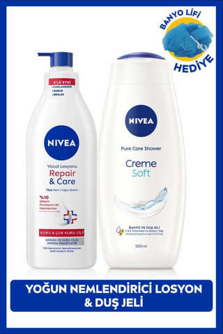 Nivea Creme Soft Duş Jeli 500ml ve Repair Care Vücut Losyonu 400ml, Lif Hediyeli, Kaşıntılı ve Hassas Cilt