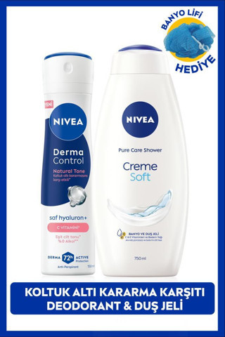 Nivea Kadın Sprey Deodorant Derma Control Natural Tone150ml ve Creme Soft Duş Jeli 750ml,Banyo Lifi Hediye