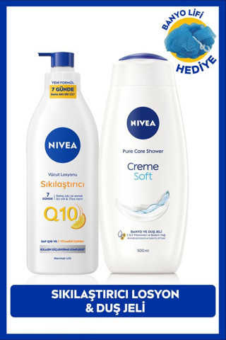 Nivea Q10 Sıkılaştırıcı Vücut Losyonu 400ml ve Creme Soft Kremsi Dokunuş Duş Jeli 500ml, Banyo Lifi Hediye