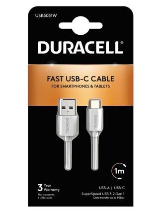 Duracell 1m USB-A to USB-C Şarj Kablosu - Beyaz