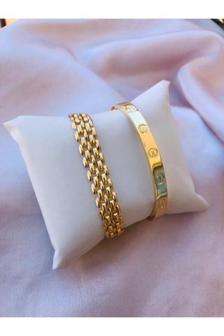 Bers Aksesuar Kadın Gold Renk Kararmaz Saat Yanı Çelik Bileklik