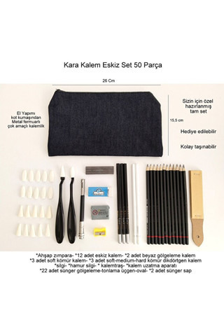 Sanathobi Kara Kalem Çizim Seti, Eskiz Kalem Seti, Dereceli Kalem Set, Tonlama-Kalemlikli-Tam Set 50Parça