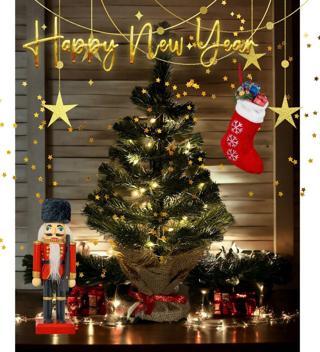 Sole Işıklı Yılbaşı Çam Ağacı Kütük Tabanlı Jüt Ipli Masaüstü Yeni Yıl Noel Ağacı