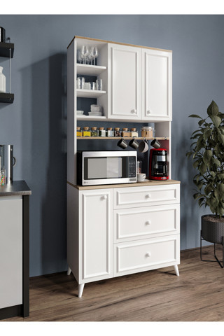 Kznmob Home Stella Country Kahve Köşesi Beyaz-Meşe 90Cm, Erzak Dolabı, Kiler Dolabı, Çok Amaçlı Mutfak Dolabı