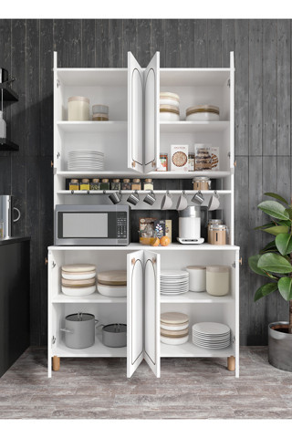 Kznmob Home Stella Bohem Tarzda Kahve Köşesi Beyaz, Erzak Dolabı, Kiler Dolabı, Çok Amaçlı Mutfak Dolabı