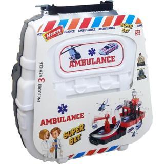 Heroes Toys Çantalı Ambulans Seti Arabalı ERN-2016 Beyaz,Sırt Çantalı Taşınabilir Oyuncak Ambulans Garaj Seti