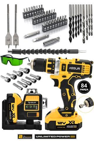 Assur Profesyonel 12V Çift Akülü Vidalama 84 Parça & 12 Köşe 360° Lazer Hizalama Set