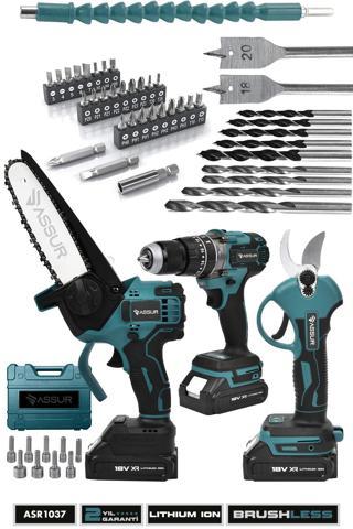 Assur Profesyonel 18V Çift Akülü Matkap Budama Testeresi Budama Makası 3'lü Set