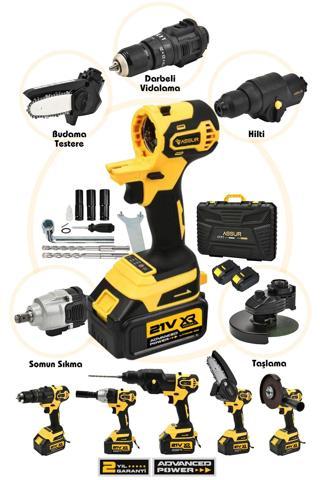Assur 5 Başlıklı Set 21 Çift Akülü Vidalama + Budama Testeresi + Taşlama + Tilki Kuyruğu + Somun Sıkma