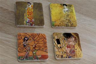 Gustav Klimt Kiss (Öpücük) ve Eserleri Doğal Taş Bardak Altlığı 4'lü set - Natural Stone Coasters