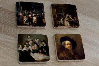 Rembrandt Otoportre ve Eserleri Doğal Taş Bardak Altlığı 4'lü set - Natural Stone Coasters