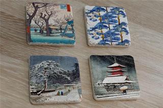 Japon Sanatı Manzaralar Doğal Taş Bardak Altlığı 4'lü set - Natural Stone Coasters