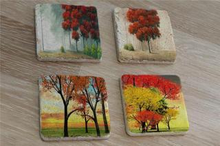 Kırmızı Ağaçlar Doğal Taş Bardak Altlığı 4'lü set - Natural Stone Coasters