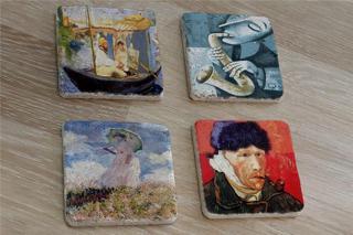 Van Gogh Claude Monet ve Saksafon Çalan Adam Doğal Taş Bardak Altlığı 4'lü set - Natural Stone Coasters