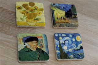 Van Gogh Yıldızlı Gece ve Eserleri Doğal Taş Bardak Altlığı 4'lü set - Natural Stone Coasters