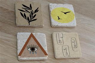 Line Art Surat Kuşlar ve Tasarımlar Doğal Taş Bardak Altlığı 4'lü set - Natural Stone Coasters