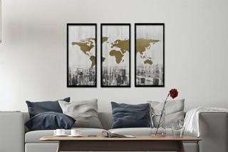 Dünya Haritası ve Şehir 3 Parçalı Çerçeveli Tablo Seti 100x90 cm