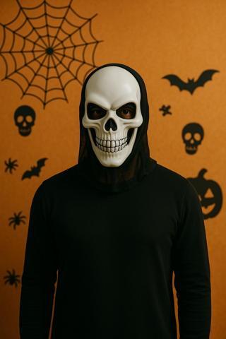 Cadılar Bayramı Kuru Kafa Maske Korkunç İskelet Kurukafa Tasarımlı Siyah Tüllü Beyaz Renkli Maske