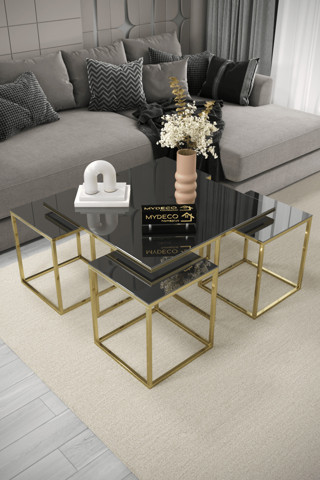 Home Plus Mobilya Alpine 5'Li Gold Kaplama Füme Aynalı Orta Sehpa & Zigon Sehpa & Yan Sehpa & Bohem Sehpa Takımı