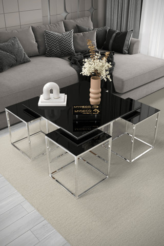 Home Plus Mobilya Prag 5'Li Gümüş Kaplama Siyah Aynalı Orta Sehpa & Zigon Sehpa & Yan Sehpa & Bohem Sehpa Takımı