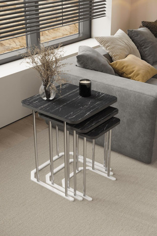 Home Plus Mobilya 3' Lü Kare Zigon Sehpa Gümüş Ayak Siyah Mermer 18 Mm Mdf