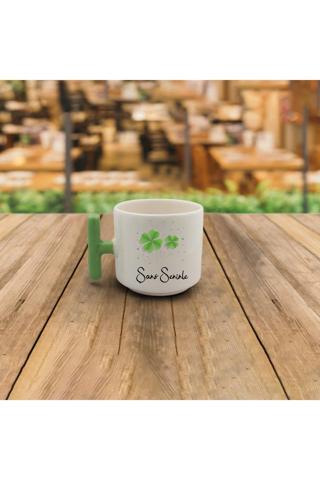Figiplus Latte Fincanı Şans Seninle 7.7.7 (ŞANS SEKANSI) Yeşil Kulplu Seramik T Kupa