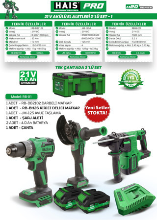 HaisPro Akülü Set - 3'lü Profesyonel Akülü Set + 2X4 Ah Çift Akü - RB-01