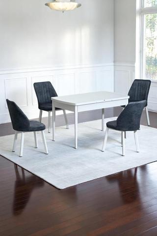 Kaktüs Avm Florn Beyaz 80 X 132 Açılabilen Mdf Masa Metal Ayaklı Mutfak Masası Takımı 4 Füme Desen Sandalye