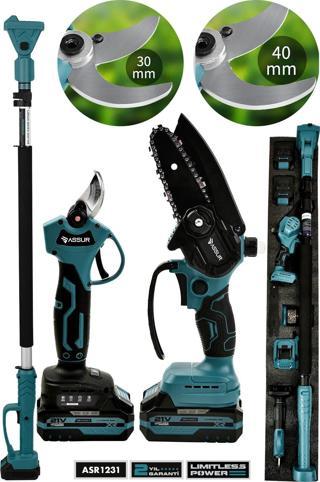 Assur 3'lü Set 21V Çift Akülü Şarjlı Teleskopik Kollu Bağ Makası & Budama Testeresi