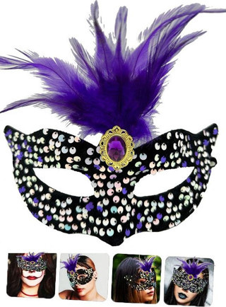 Siyah Kadife Payetli Pullu Mor Tüylü Parti Maskesi