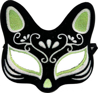 Siyah Süet Kaplama Gümüş Yeşil Simli Kedi Maskesi