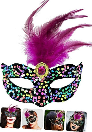 Siyah Kadife Rengarenk Payetli Pembe Parti Maskesi