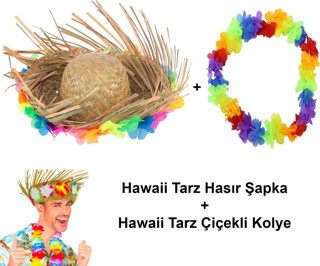 Hawaii Tarzı Set - Tropikal Çiçekli Hasır Şapka ve Çiçekli Hawaii Kolye
