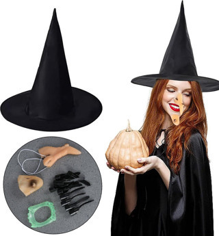 Cadı Kostüm Seti - Cadı Şapkası, Cadı Tırnakları, Cadı Burnu, Cadı Çenesi, Cadı Dişi