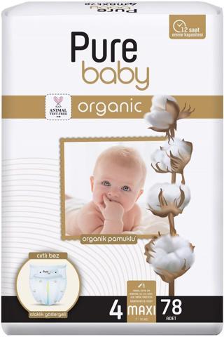 Pure Baby Organik Pamuklu Cırtlı Bez 4 Numara Maxi 78 Adet