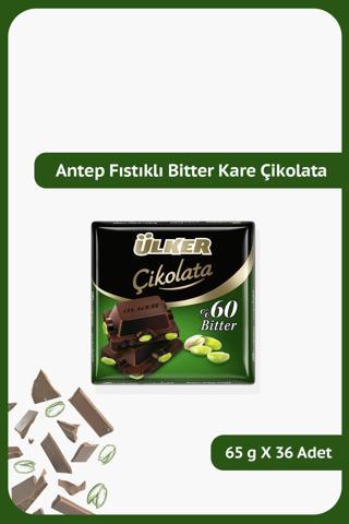 %60 Bitter Antep Fıstıklı Kare Çikolata - 65 gram - 36 Adet