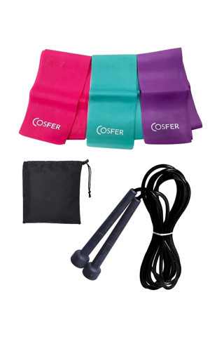Jet Çantalı 3 Lü 3 Farklı Dirençte Hafif Orta Sert Pilates Lastiği Bandı Ve Atlama İpi Plates Seti