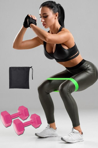 Jet Çantalı Aerobik Direnç Lastiği Squat Bandı Ve 1 Kg X 2 Adet Dambıl Seti Pilates Set