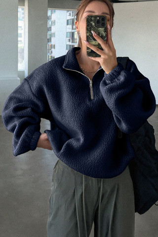 Ghassy Co. Kadın Ultra Isı Peluş Sherpa Oversize Yarım Metal Fermuar Lastik Ayarlı Polar Sweatshirt