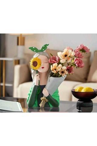 Derya Desing Art Dekoratif Çiçekli Buket Tutan Kız Vazo Biblo Fıstık Yeşili-yeşil 34x27cm