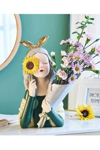 Derya Desing Art Dekoratif Çiçekli Buketli Kız Vazo Biblo Yeşil Krem